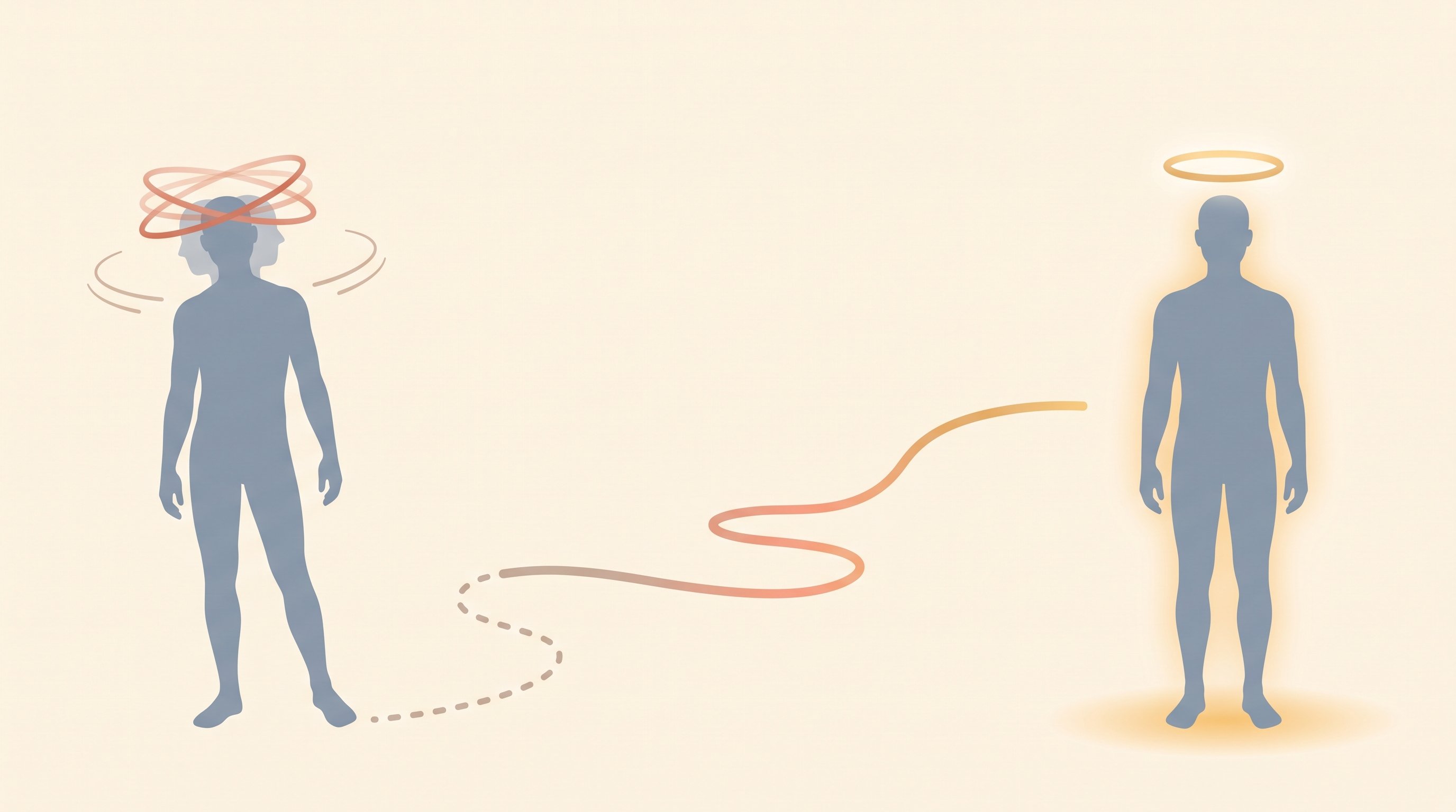 A scattered figure with a tilted, flickering halo finds a clear path toward a calm, centered figure with a steady golden halo